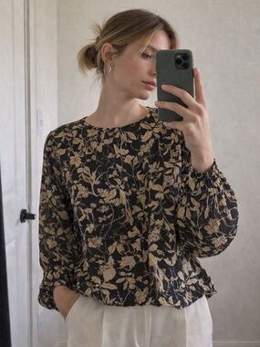 Natalie Busby Black Floral Cotton Poplin Top Blouse XS Boho Prairie Cottagecore